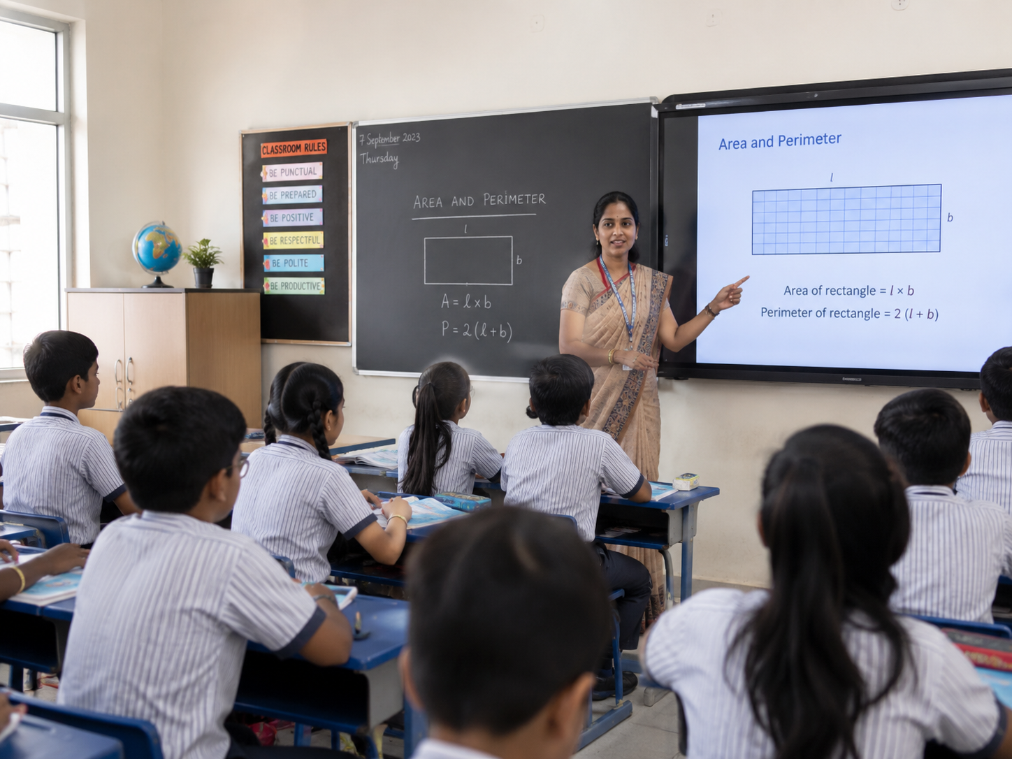 Dummy classroom photo with Indian teacher and students